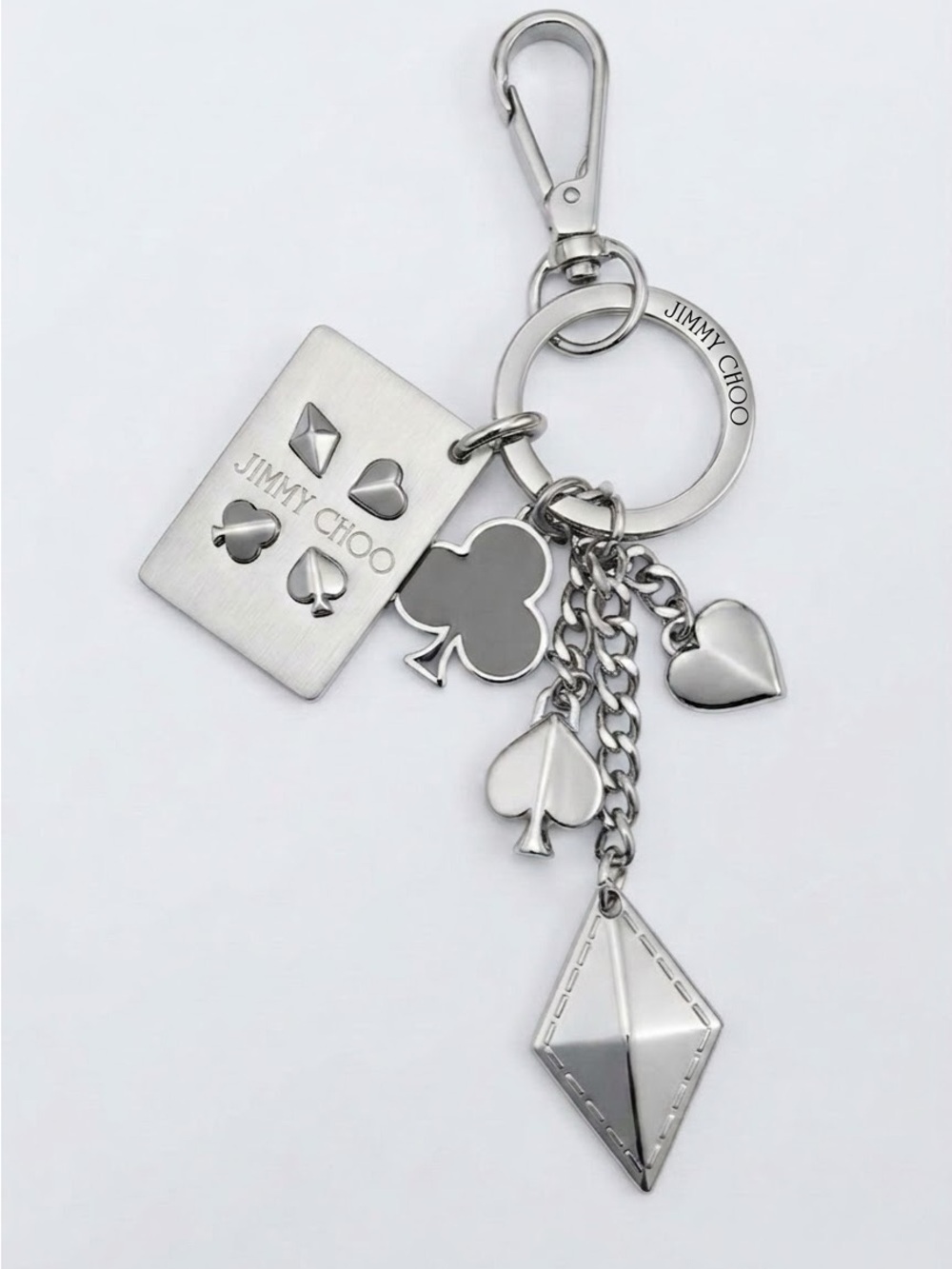 NWOT Jimmy Choo Card Suits Key Ring Bag Charm Silver Hardware Italy 6”